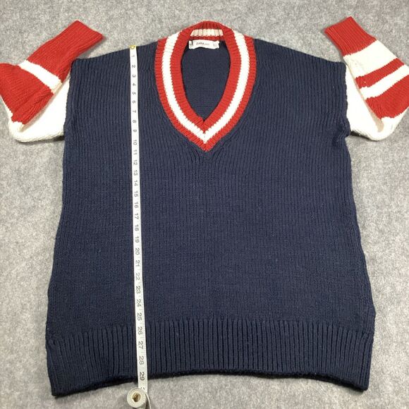 Zara Oversized V Neck Collegiate Preppy Knit Sweater Navy Red White Size Small - Picture 8 of 15